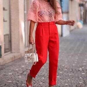 NWT ZARA Cigarette Style Trousers Womens Small Red Tapered Dress Pants Bright